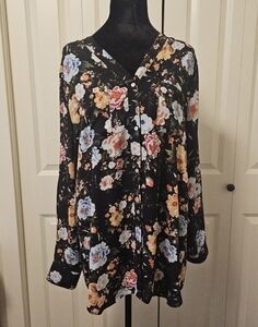 Rose & Olive Floral Blouse Black Pink Orange Long Sleeve Button Up Flowy SZ L